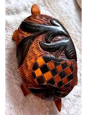 Hand Carved Wooden Turtle Box Hidden Compartment 11” Boho Decor